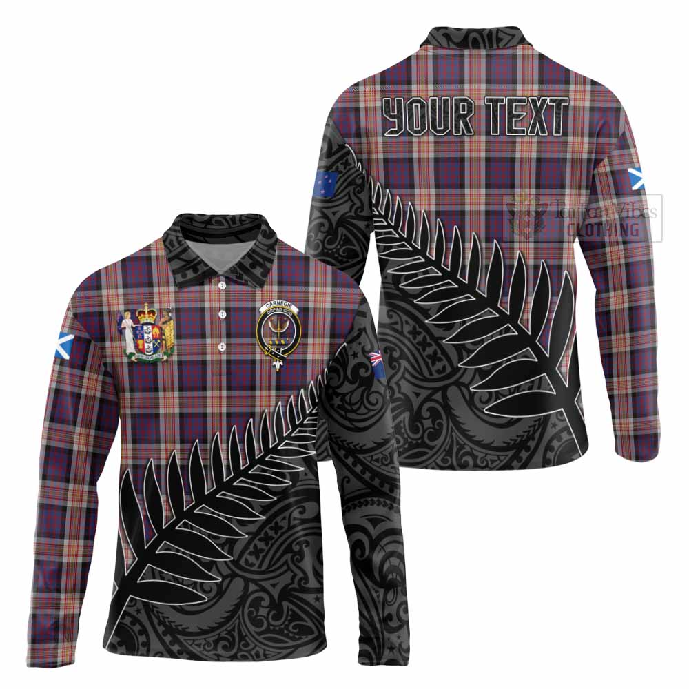 Tartan Vibes Clothing Carnegie Crest Tartan Long Sleeve Polo Shirt with New Zealand Silver Fern Half Style