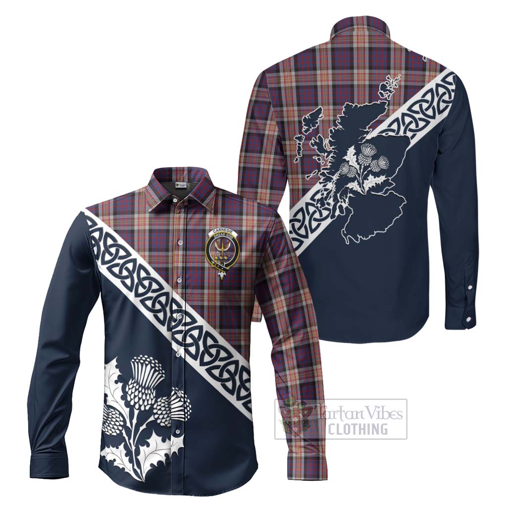 Tartan Vibes Clothing Carnegie Tartan Long Sleeve Button Shirt Featuring Thistle and Scotland Map