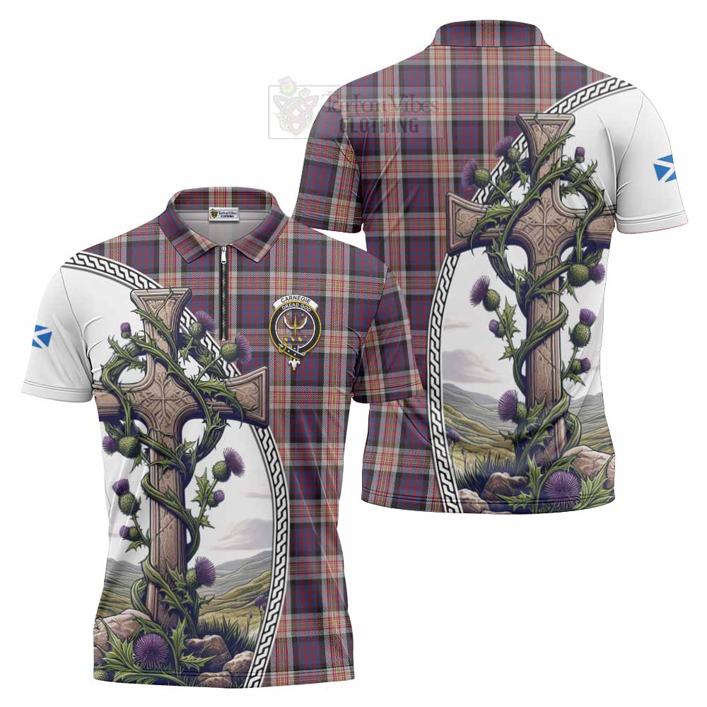 Tartan Vibes Clothing Carnegie Tartan Zipper Polo Shirt with Family Crest and St. Andrew's Cross Accented by Thistle Vines