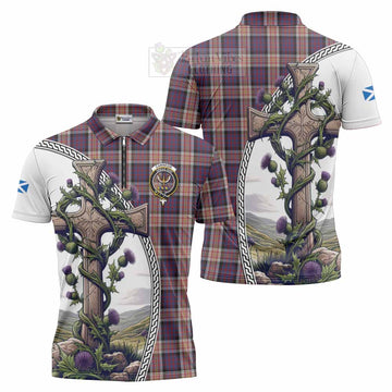 Carnegie Tartan Zipper Polo Shirt with Family Crest and St. Andrew's Cross Accented by Thistle Vines