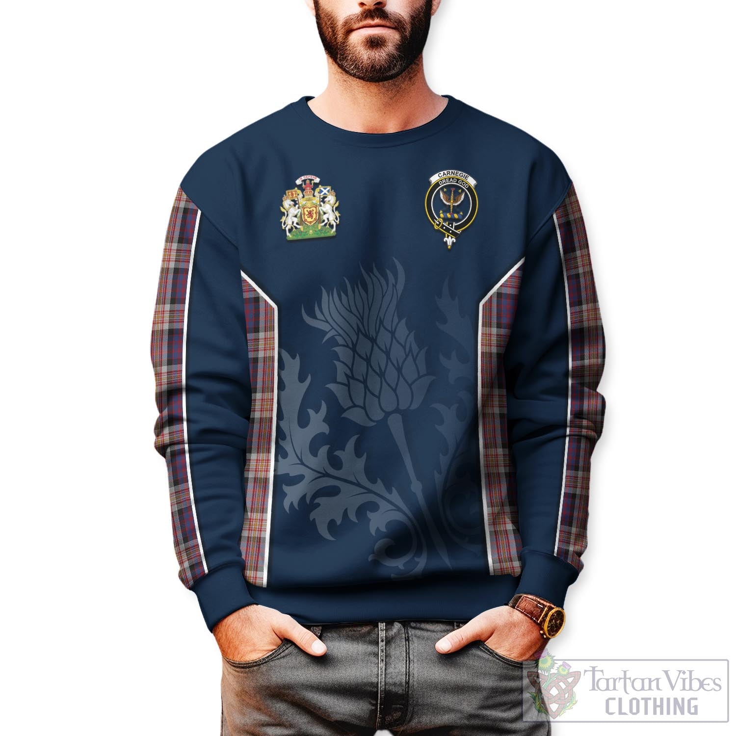 Tartan Vibes Clothing Carnegie Tartan Sweatshirt with Family Crest and Scottish Thistle Vibes Sport Style