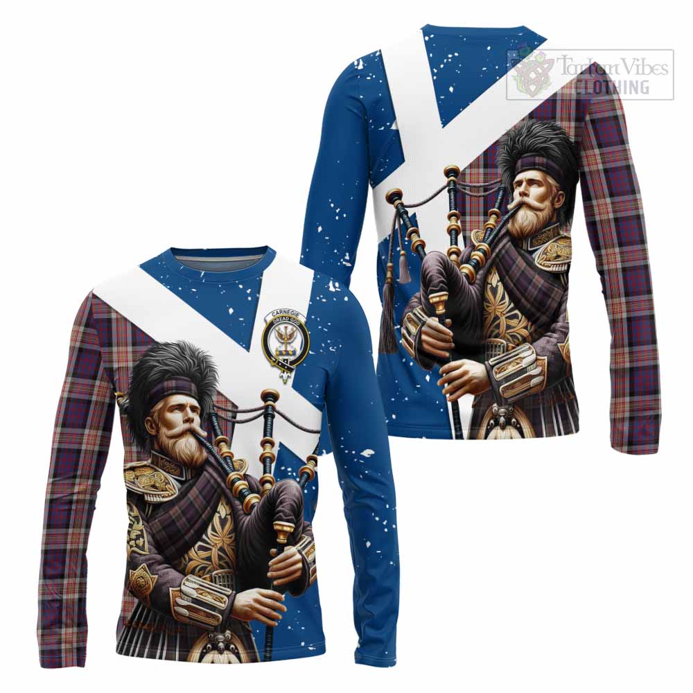 Tartan Vibes Clothing Carnegie Tartan Long Sleeve T-Shirt with Family Crest Scottish Bagpiper Vibes