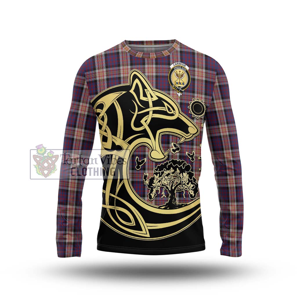 Tartan Vibes Clothing Carnegie Tartan Long Sleeve T-Shirt with Family Crest Celtic Wolf Style