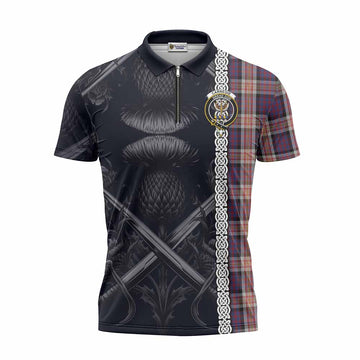 Carnegie Tartan Zipper Polo Shirt with Family Crest Cross Sword Thistle Celtic Vibes