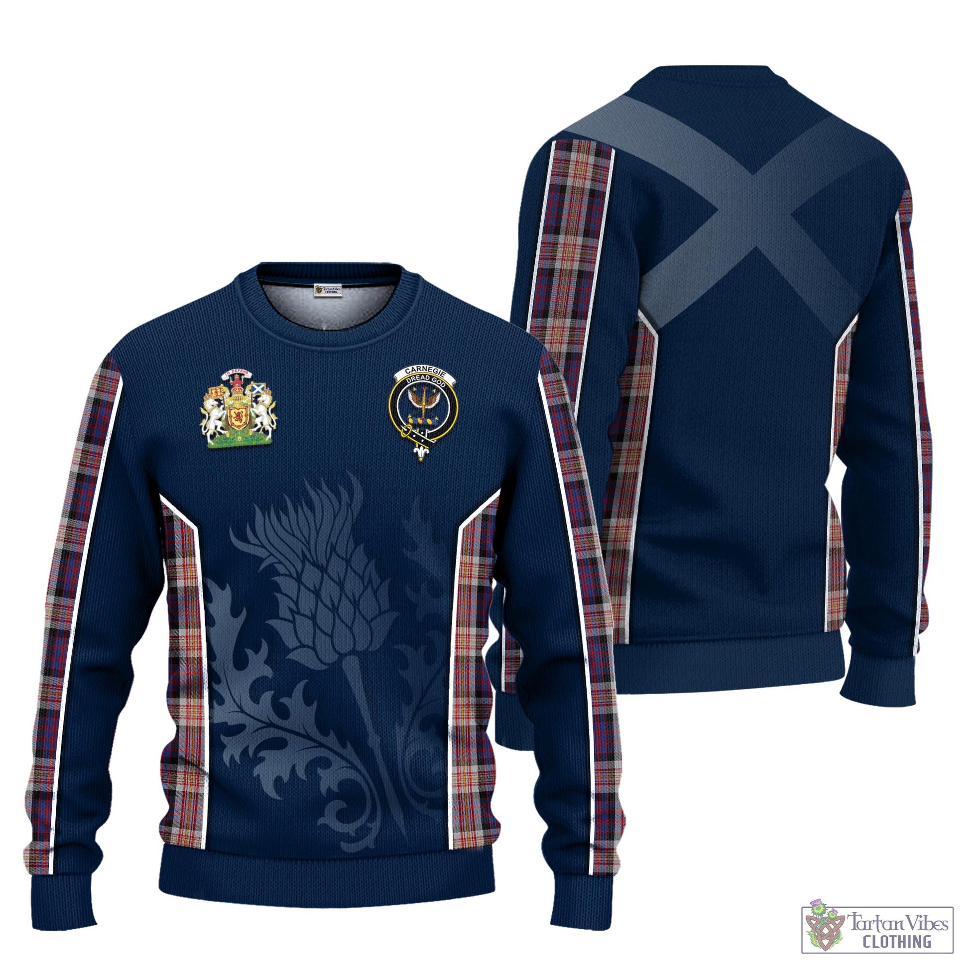 Tartan Vibes Clothing Carnegie Tartan Knitted Sweatshirt with Family Crest and Scottish Thistle Vibes Sport Style