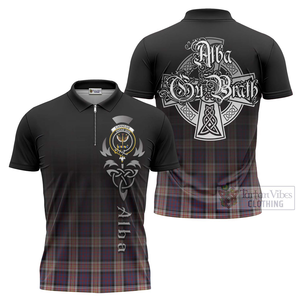 Tartan Vibes Clothing Carnegie Tartan Zipper Polo Shirt Featuring Alba Gu Brath Family Crest Celtic Inspired