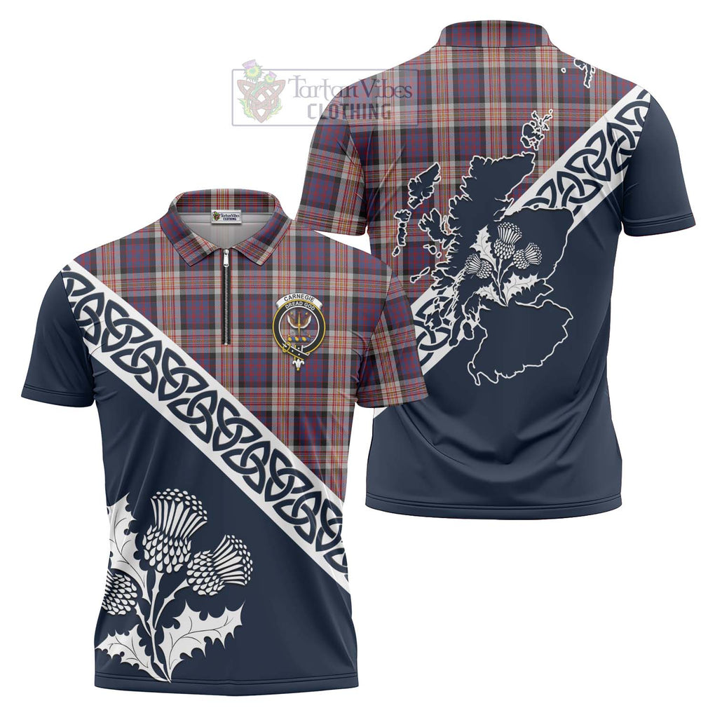 Tartan Vibes Clothing Carnegie Tartan Zipper Polo Shirt Featuring Thistle and Scotland Map