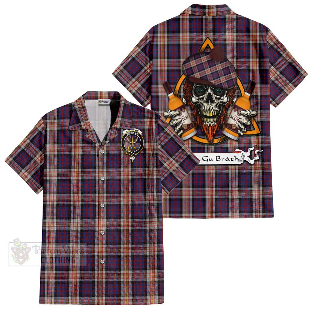 Tartan Vibes Clothing Carnegie Tartan Short Sleeve Button Shirt with Family Crest and Bearded Skull Holding Bottles of Whiskey