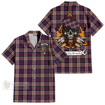 Carnegie Tartan Short Sleeve Button Shirt with Family Crest and Bearded Skull Holding Bottles of Whiskey