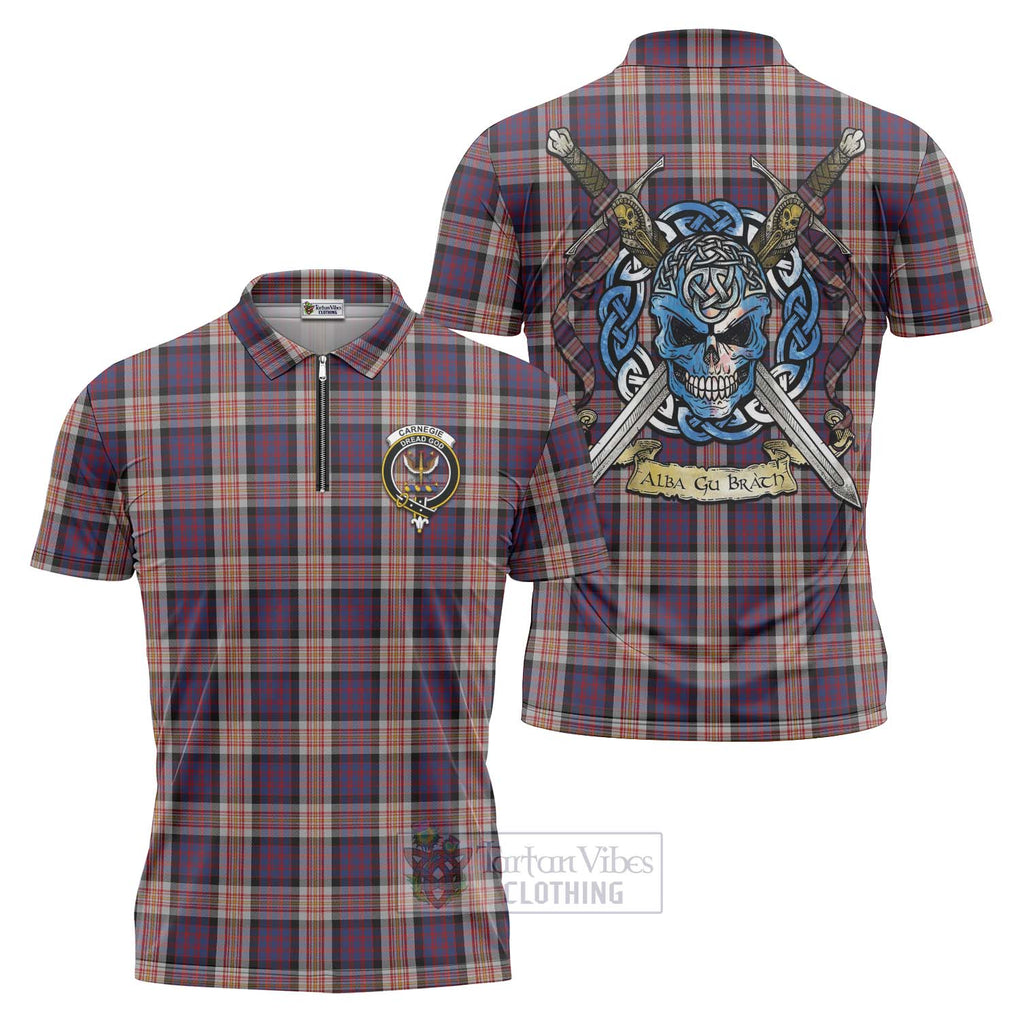 Tartan Vibes Clothing Carnegie Tartan Zipper Polo Shirt with Family Crest Celtic Skull Style