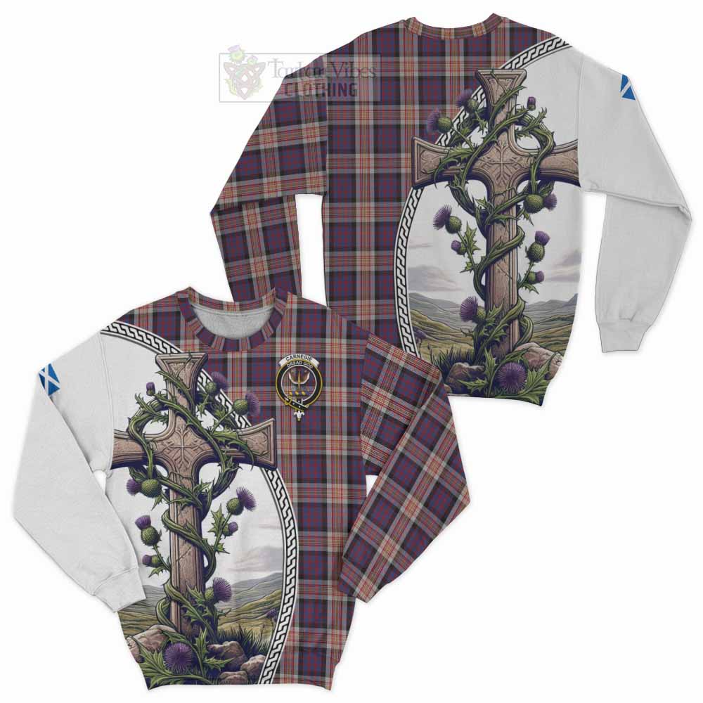 Tartan Vibes Clothing Carnegie Tartan Sweatshirt with Family Crest and St. Andrew's Cross Accented by Thistle Vines