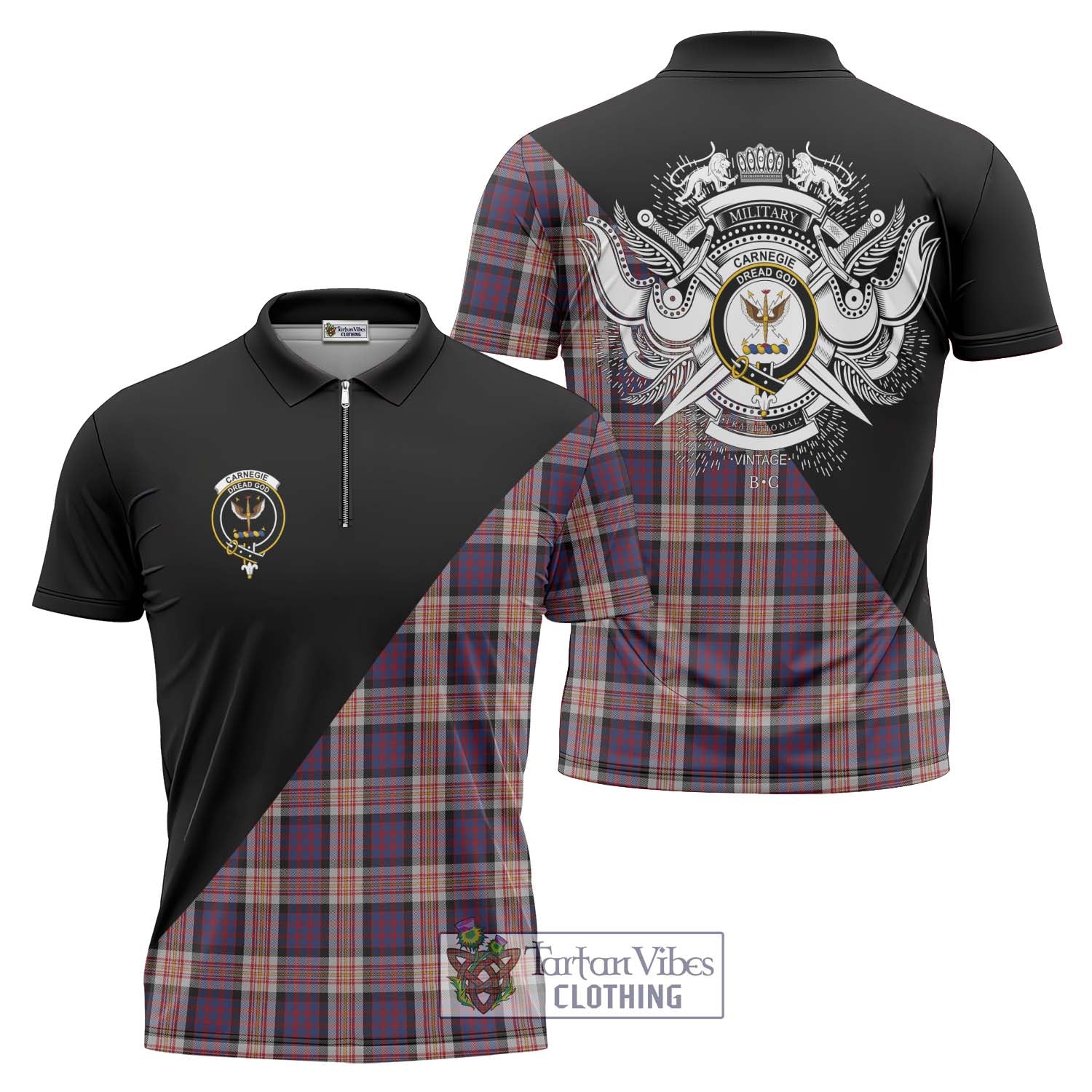 Tartan Vibes Clothing Carnegie Tartan Zipper Polo Shirt with Family Crest and Military Logo Style