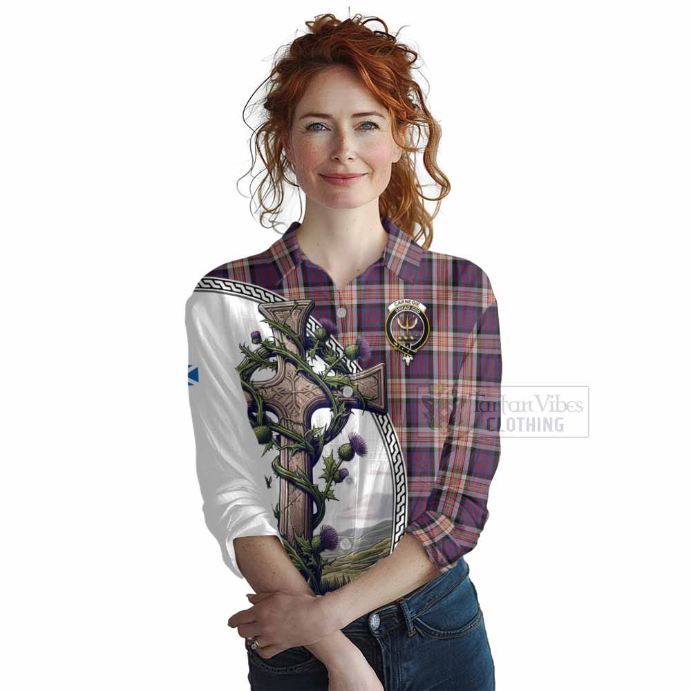 Tartan Vibes Clothing Carnegie Tartan Women's Casual Shirt with Family Crest and St. Andrew's Cross Accented by Thistle Vines