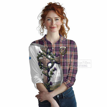 Carnegie Tartan Women's Casual Shirt with Family Crest and St. Andrew's Cross Accented by Thistle Vines