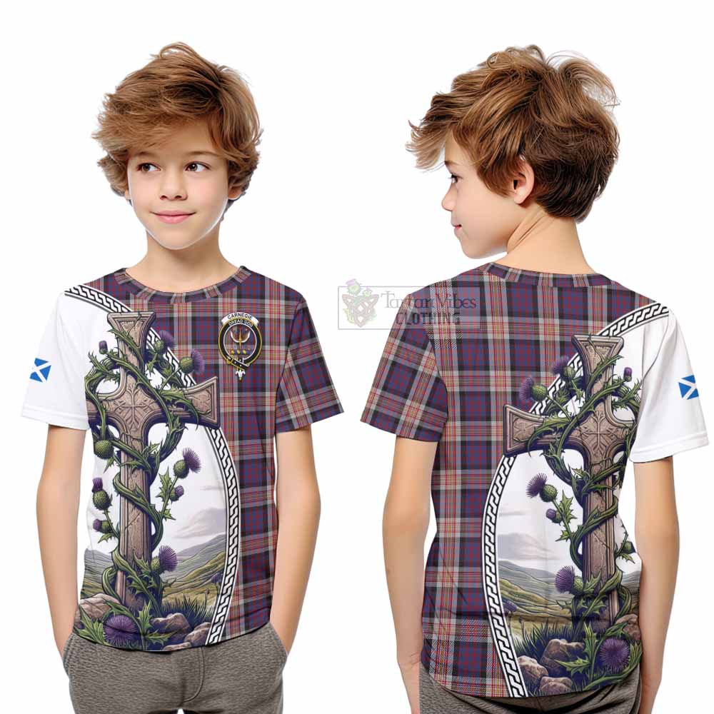 Tartan Vibes Clothing Carnegie Tartan Kid T-Shirt with Family Crest and St. Andrew's Cross Accented by Thistle Vines