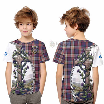 Carnegie Tartan Kid T-Shirt with Family Crest and St. Andrew's Cross Accented by Thistle Vines