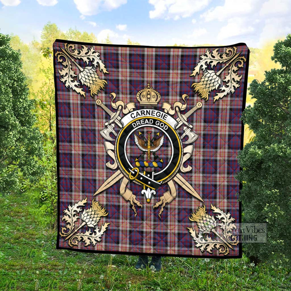 Tartan Vibes Clothing Carnegie Tartan Quilt with Family Crest and Scottish Golden Courage Shield