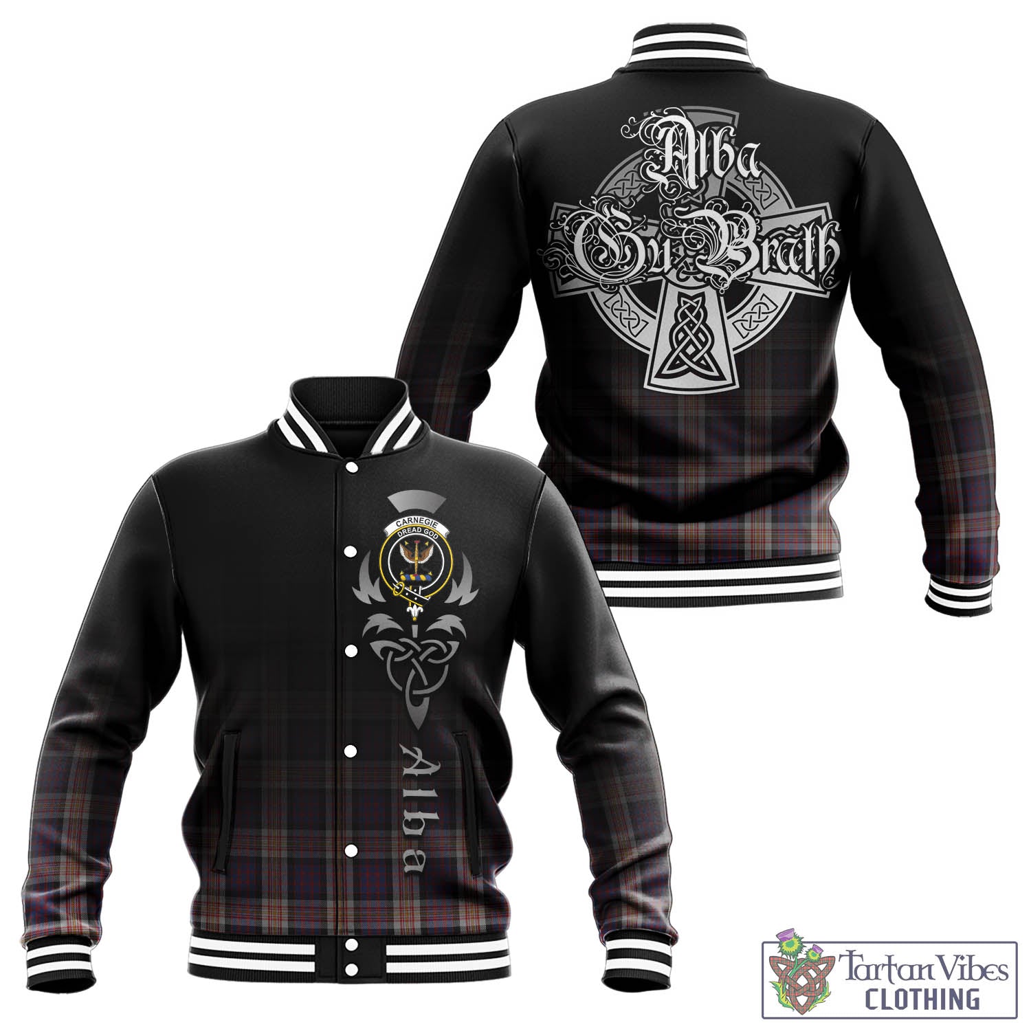 Tartan Vibes Clothing Carnegie Tartan Baseball Jacket Featuring Alba Gu Brath Family Crest Celtic Inspired