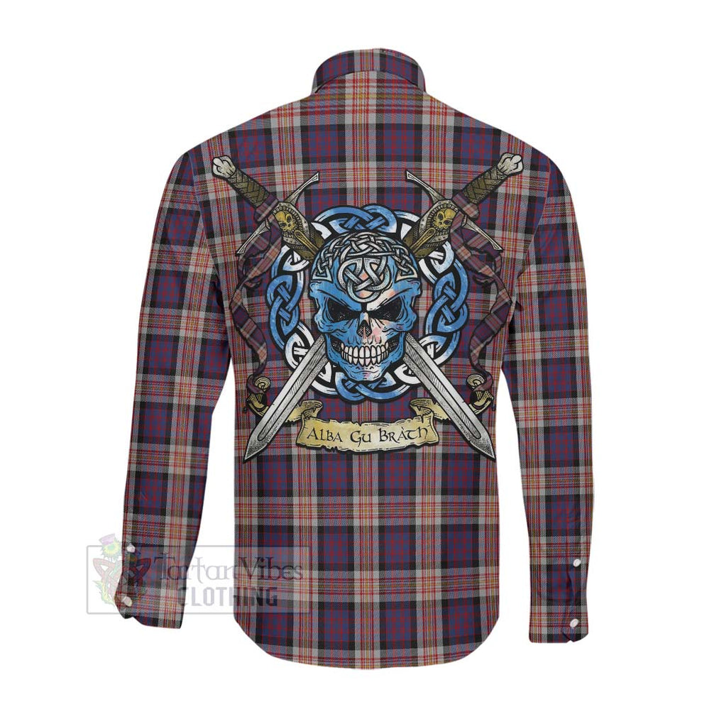 Tartan Vibes Clothing Carnegie Tartan Long Sleeve Button Shirt with Family Crest Celtic Skull Style