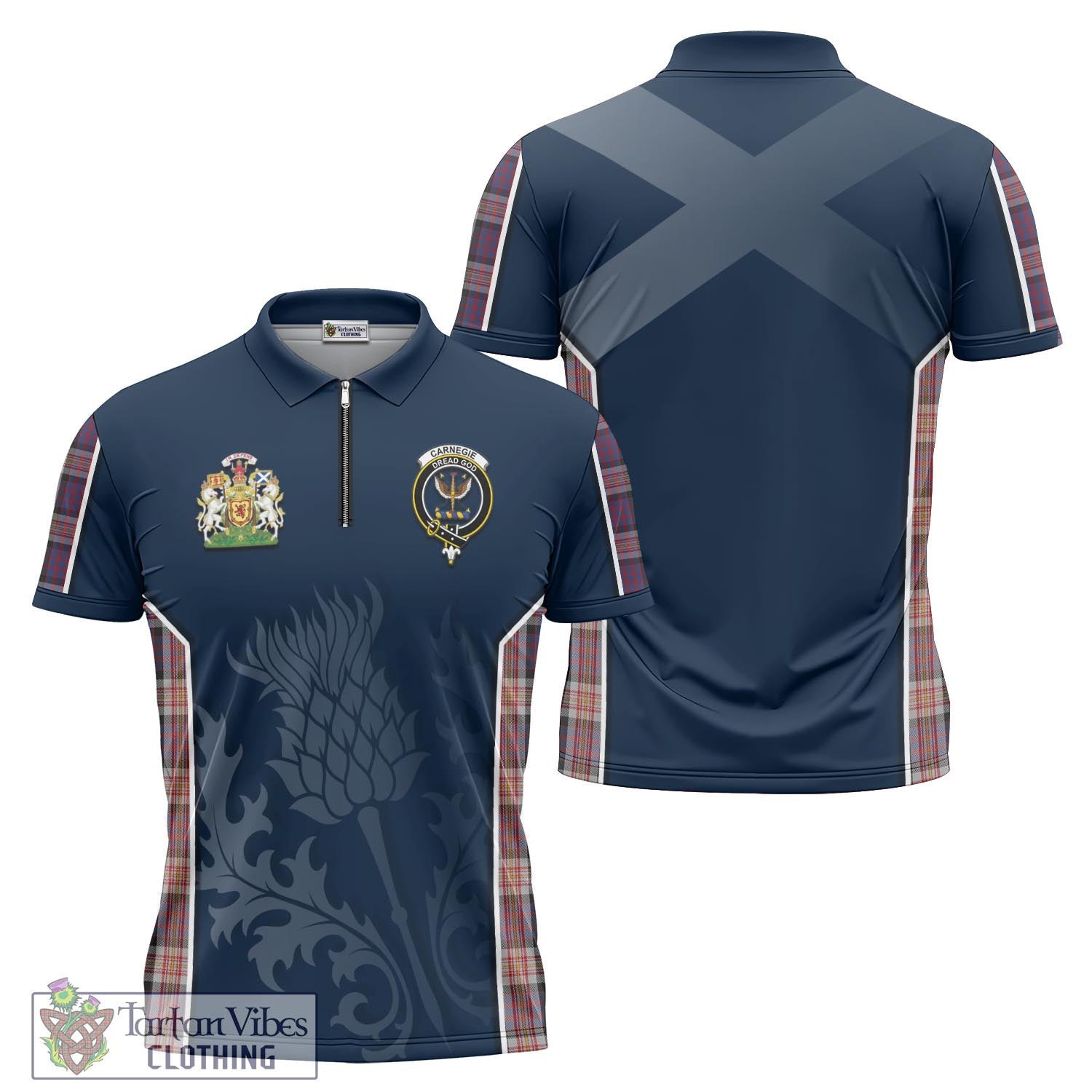 Tartan Vibes Clothing Carnegie Tartan Zipper Polo Shirt with Family Crest and Scottish Thistle Vibes Sport Style
