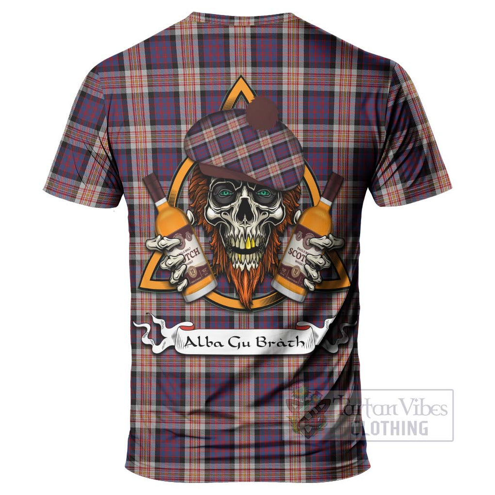 Tartan Vibes Clothing Carnegie Tartan T-Shirt with Family Crest and Bearded Skull Holding Bottles of Whiskey