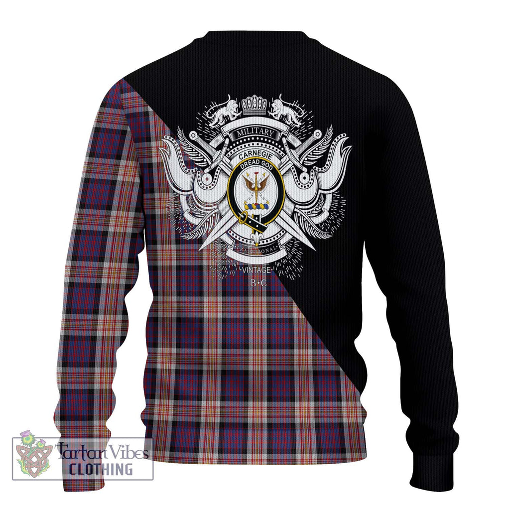 Carnegie Tartan Knitted Sweater with Family Crest and Military Logo Style - Tartanvibesclothing Shop