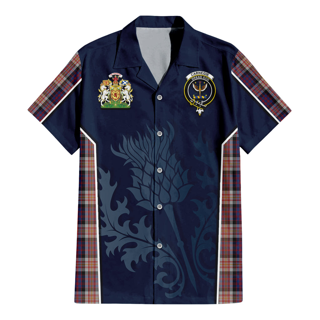 Tartan Vibes Clothing Carnegie Tartan Short Sleeve Button Up Shirt with Family Crest and Scottish Thistle Vibes Sport Style