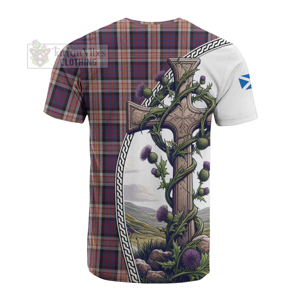 Tartan Vibes Clothing Carnegie Tartan Cotton T-shirt with Family Crest and St. Andrew's Cross Accented by Thistle Vines