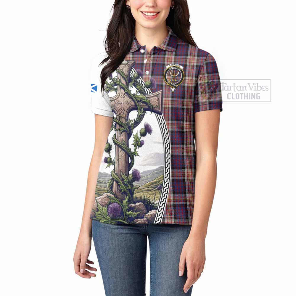 Tartan Vibes Clothing Carnegie Tartan Women's Polo Shirt with Family Crest and St. Andrew's Cross Accented by Thistle Vines