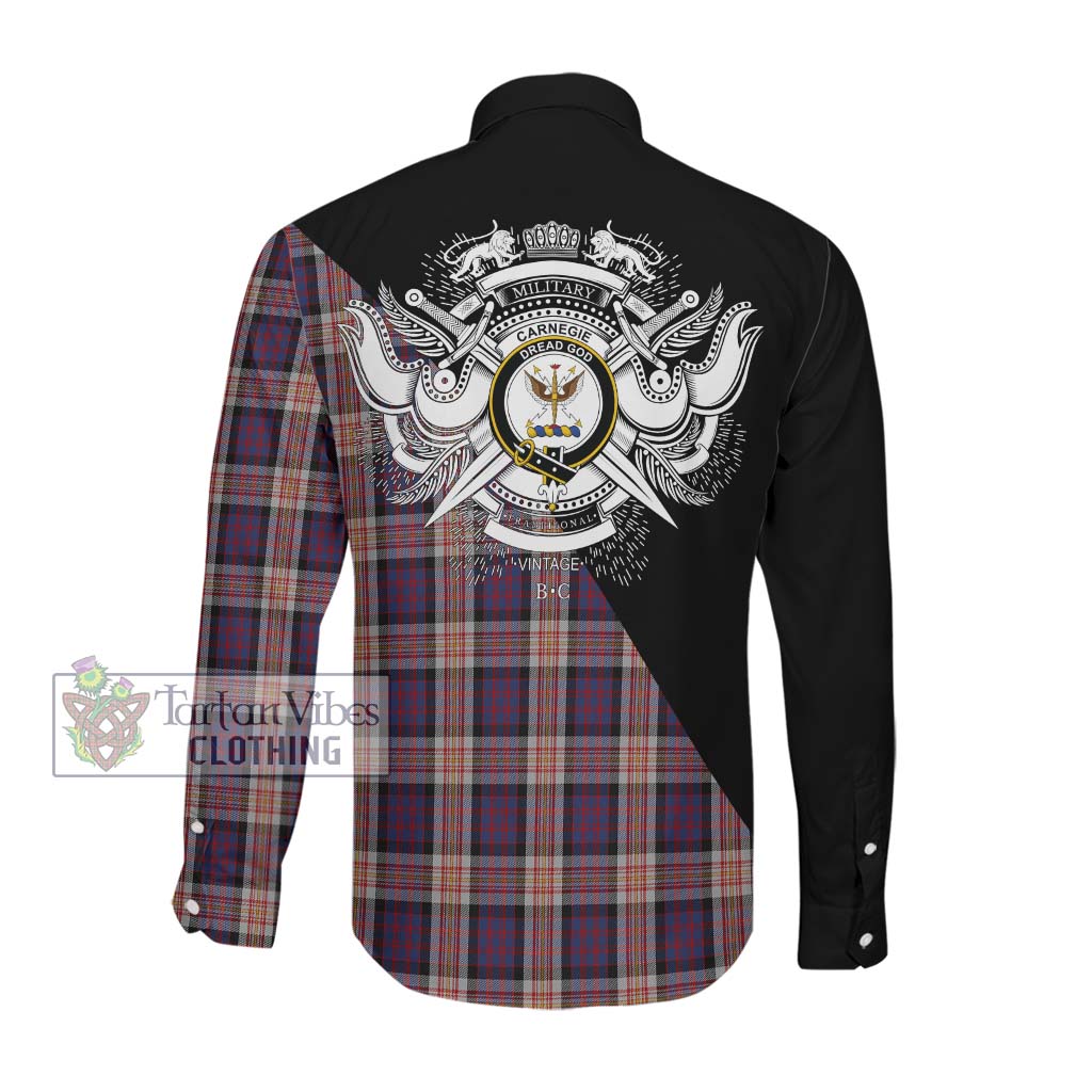 Tartan Vibes Clothing Carnegie Tartan Long Sleeve Button Shirt with Family Crest and Military Logo Style