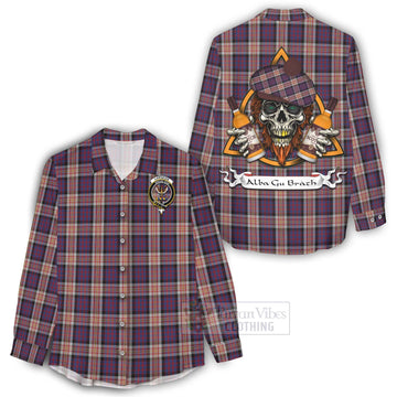 Carnegie Tartan Women's Casual Shirt with Family Crest and Bearded Skull Holding Bottles of Whiskey