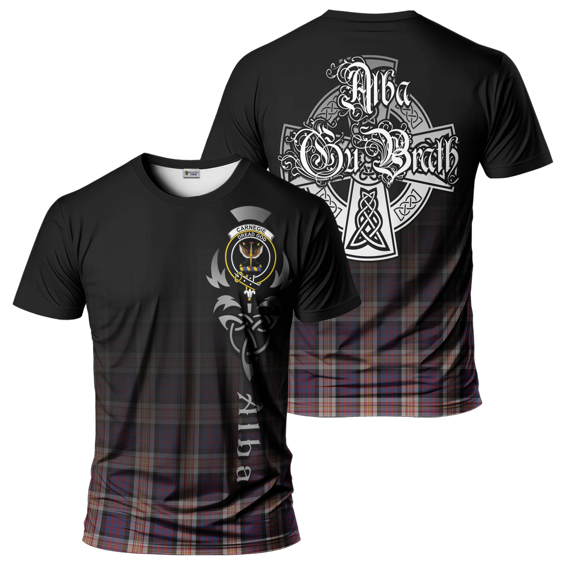 Tartan Vibes Clothing Carnegie Tartan T-Shirt Featuring Alba Gu Brath Family Crest Celtic Inspired