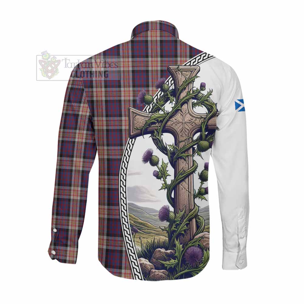 Tartan Vibes Clothing Carnegie Tartan Long Sleeve Button Shirt with Family Crest and St. Andrew's Cross Accented by Thistle Vines