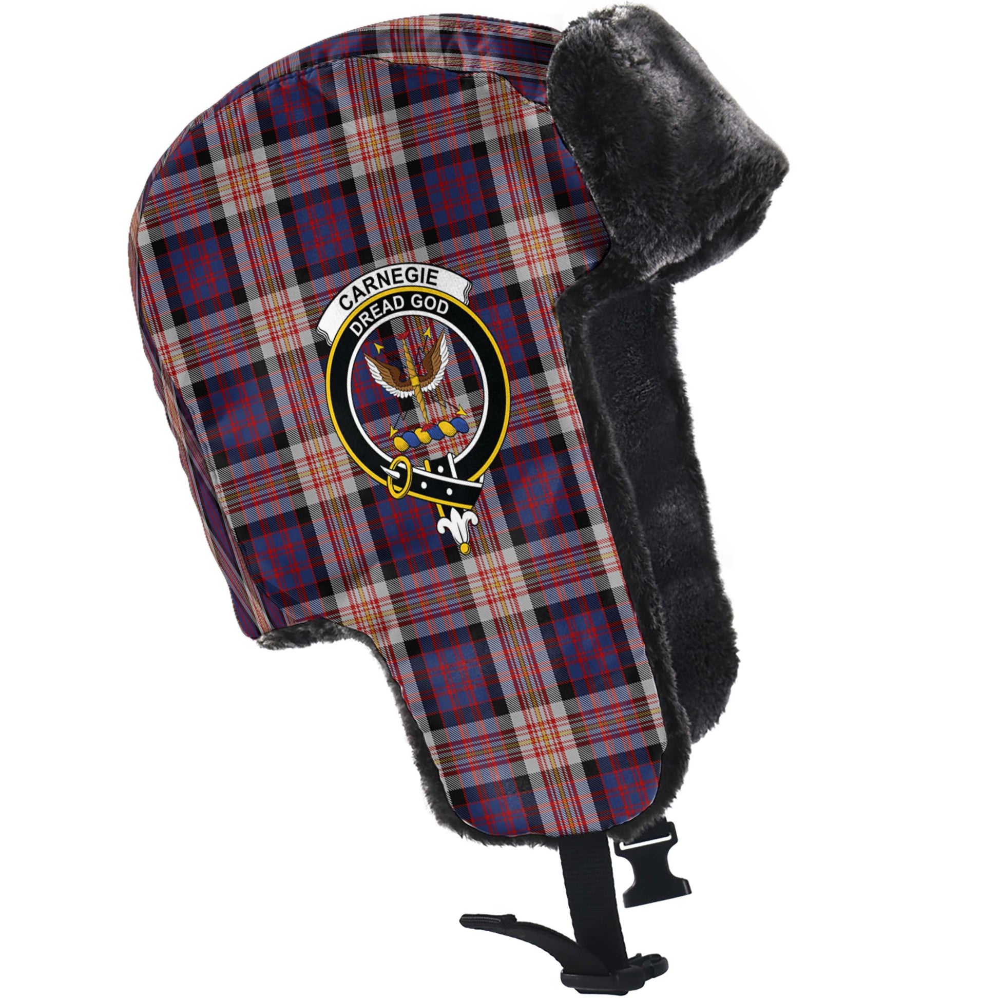 Carnegie Tartan Winter Trapper Hat with Family Crest - Tartanvibesclothing