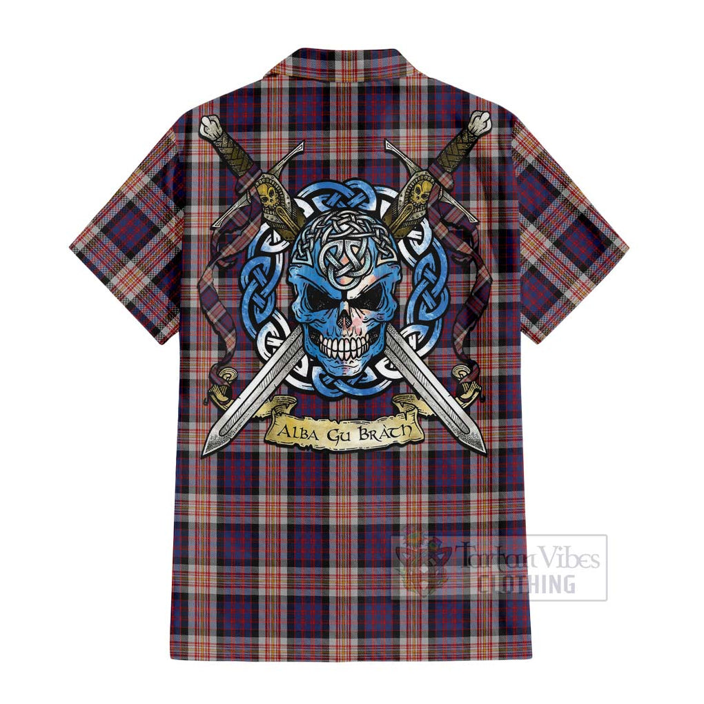 Tartan Vibes Clothing Carnegie Tartan Short Sleeve Button Shirt with Family Crest Celtic Skull Style