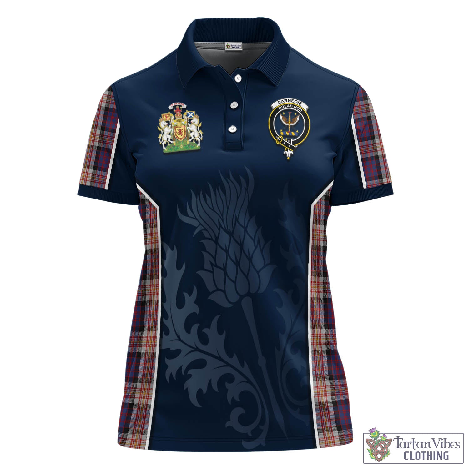 Tartan Vibes Clothing Carnegie Tartan Women's Polo Shirt with Family Crest and Scottish Thistle Vibes Sport Style