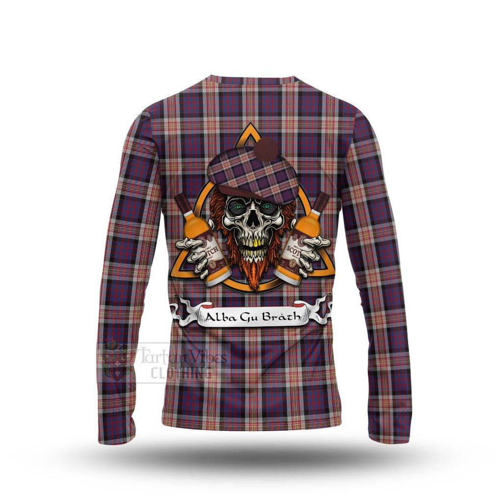 Tartan Vibes Clothing Carnegie Tartan Long Sleeve T-Shirt with Family Crest and Bearded Skull Holding Bottles of Whiskey