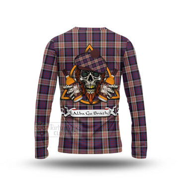 Carnegie Tartan Long Sleeve T-Shirt with Family Crest and Bearded Skull Holding Bottles of Whiskey