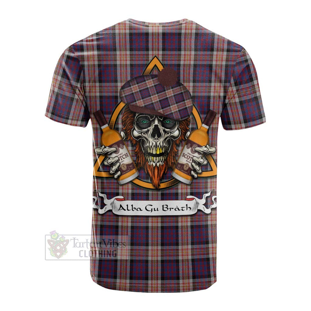 Tartan Vibes Clothing Carnegie Tartan Cotton T-shirt with Family Crest and Bearded Skull Holding Bottles of Whiskey