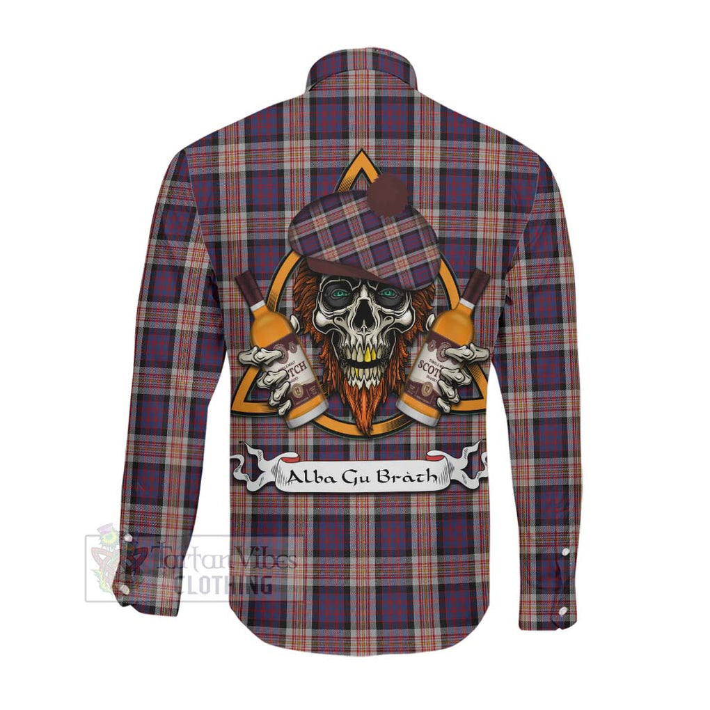 Tartan Vibes Clothing Carnegie Tartan Long Sleeve Button Shirt with Family Crest and Bearded Skull Holding Bottles of Whiskey