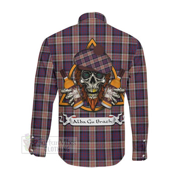 Carnegie Tartan Long Sleeve Button Shirt with Family Crest and Bearded Skull Holding Bottles of Whiskey