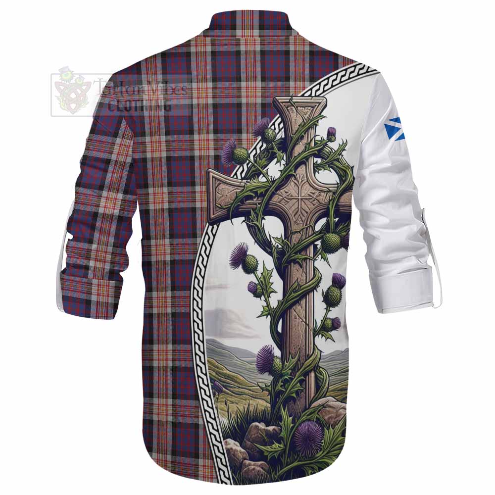 Tartan Vibes Clothing Carnegie Tartan Ghillie Kilt Shirt with Family Crest and St. Andrew's Cross Accented by Thistle Vines