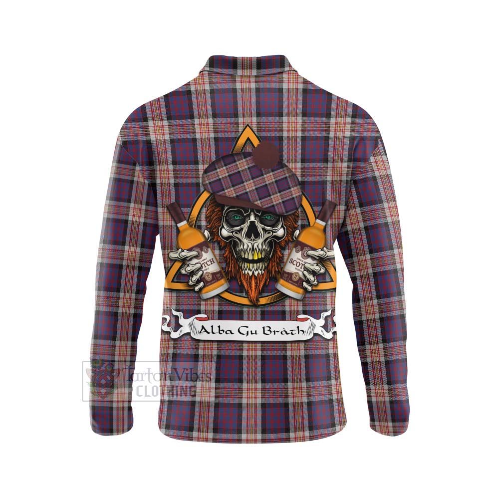 Tartan Vibes Clothing Carnegie Tartan Long Sleeve Polo Shirt with Family Crest and Bearded Skull Holding Bottles of Whiskey