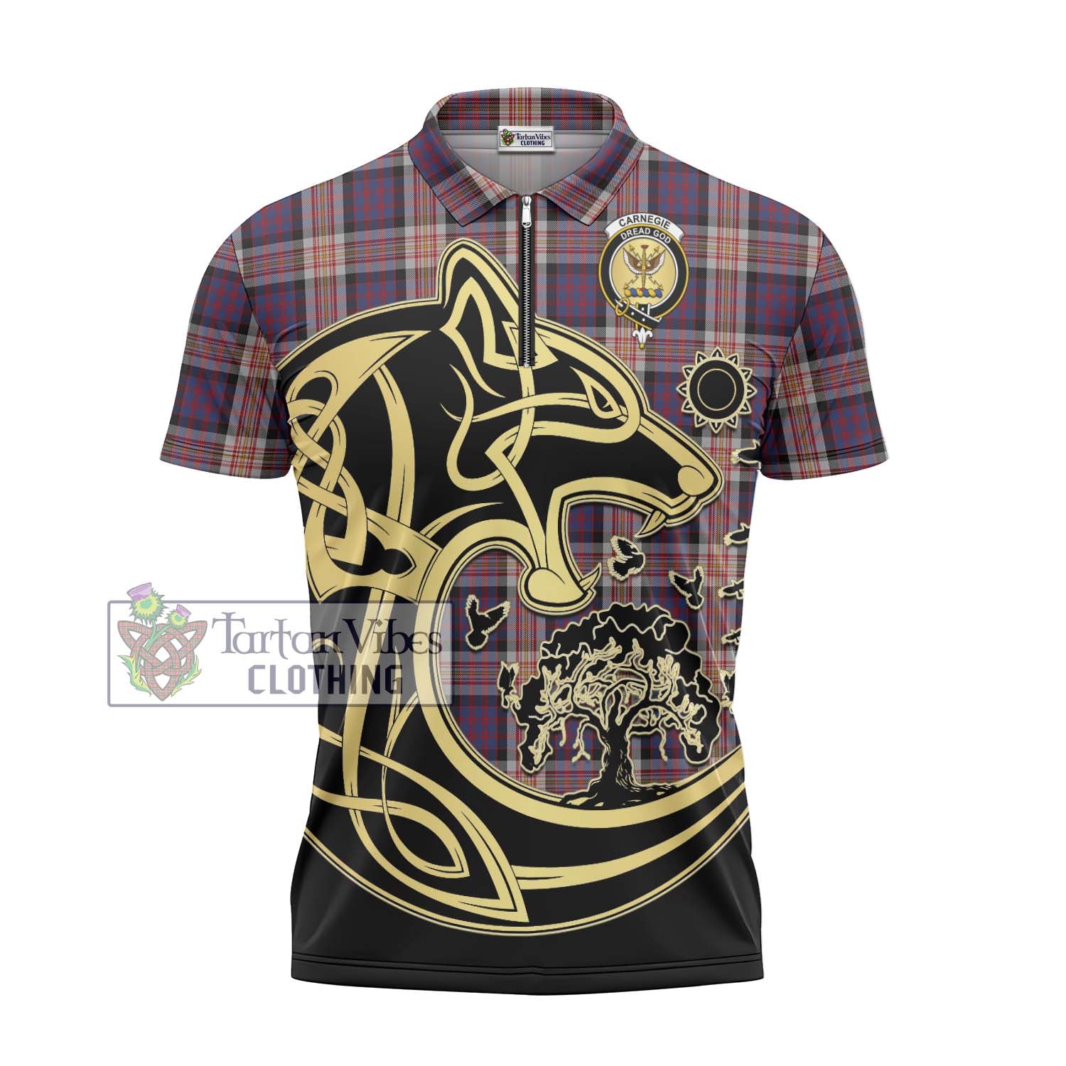 Tartan Vibes Clothing Carnegie Tartan Zipper Polo Shirt with Family Crest Celtic Wolf Style