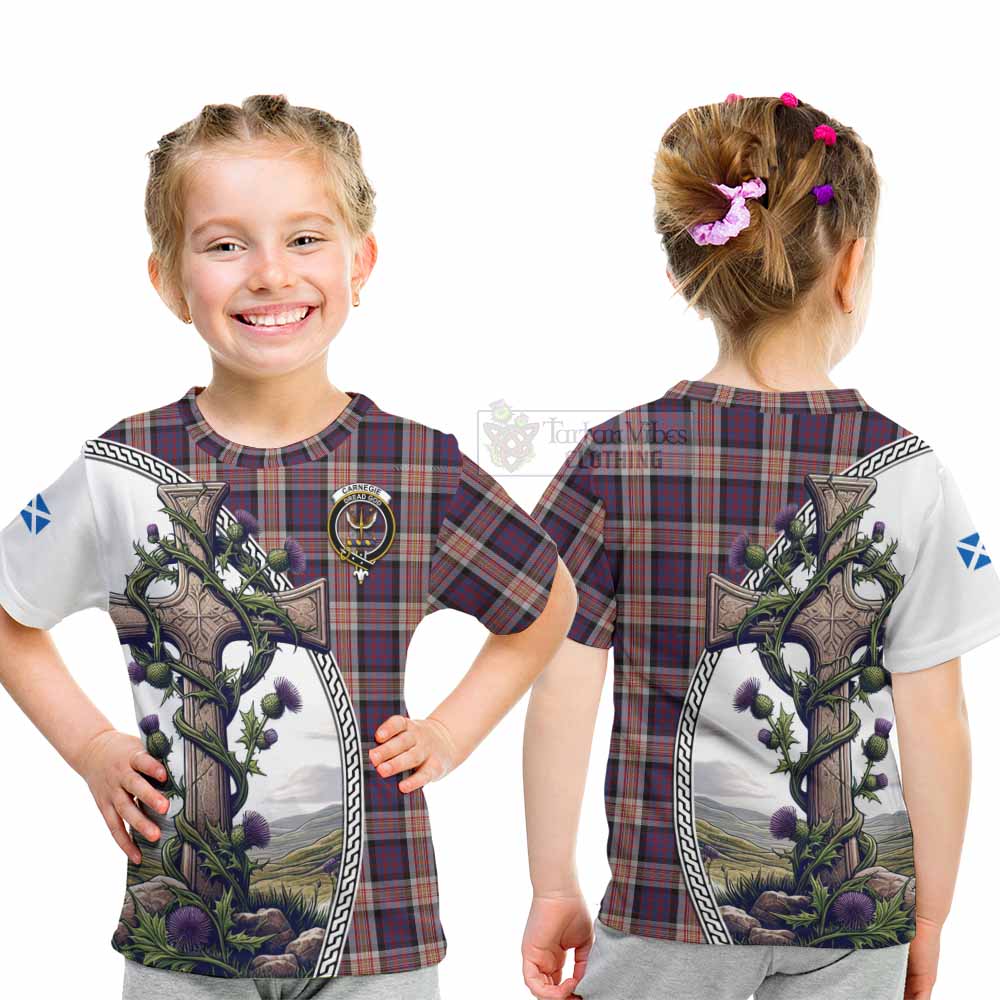 Tartan Vibes Clothing Carnegie Tartan Kid T-Shirt with Family Crest and St. Andrew's Cross Accented by Thistle Vines