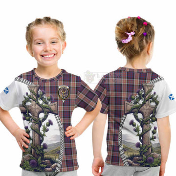 Carnegie Tartan Kid T-Shirt with Family Crest and St. Andrew's Cross Accented by Thistle Vines