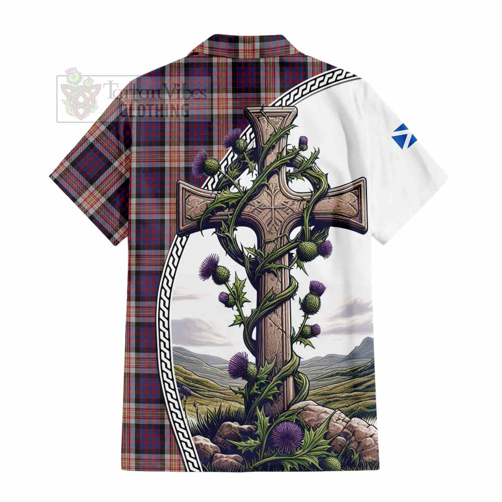 Tartan Vibes Clothing Carnegie Tartan Short Sleeve Button Shirt with Family Crest and St. Andrew's Cross Accented by Thistle Vines