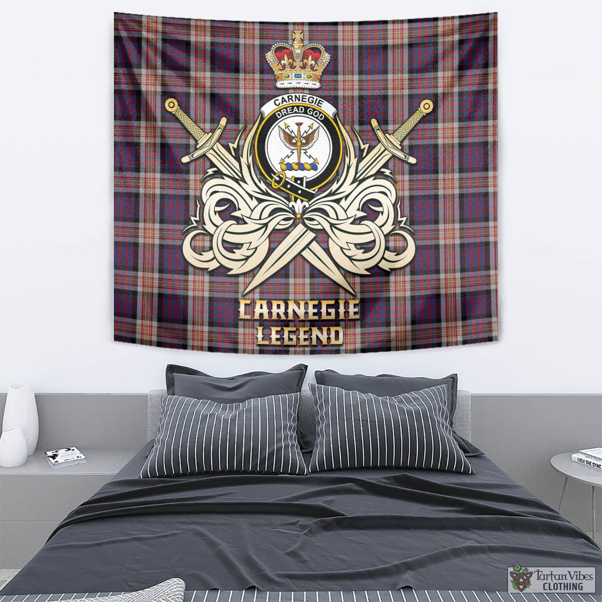 Tartan Vibes Clothing Carnegie Tartan Tapestry with Clan Crest and the Golden Sword of Courageous Legacy
