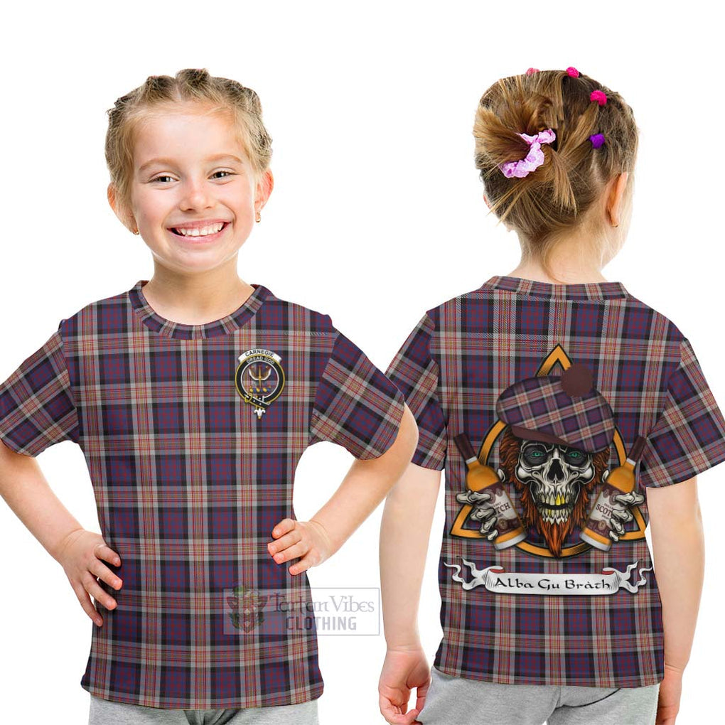 Tartan Vibes Clothing Carnegie Tartan Kid T-Shirt with Family Crest and Bearded Skull Holding Bottles of Whiskey