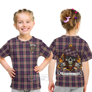 Carnegie Tartan Kid T-Shirt with Family Crest and Bearded Skull Holding Bottles of Whiskey